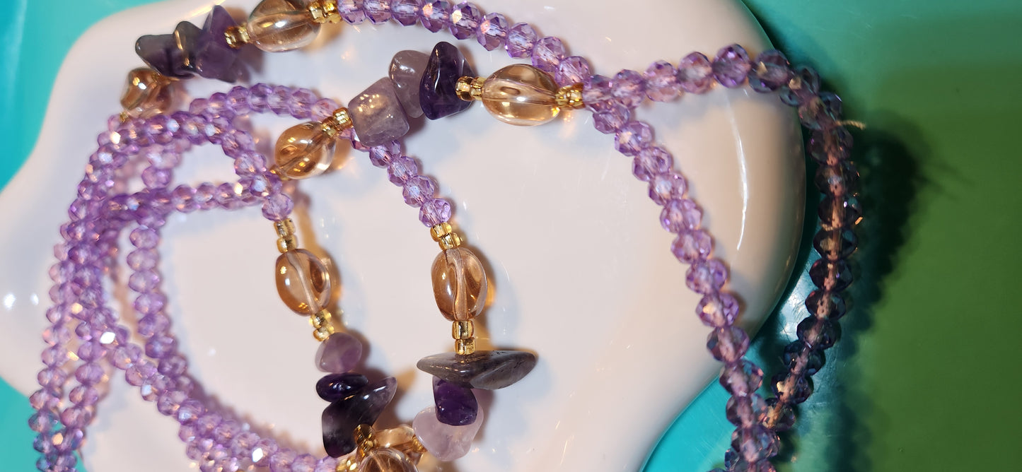 Sunstone Serenity is her name is it purple, : Incorporates the warm, translucent beads and a calming feel.