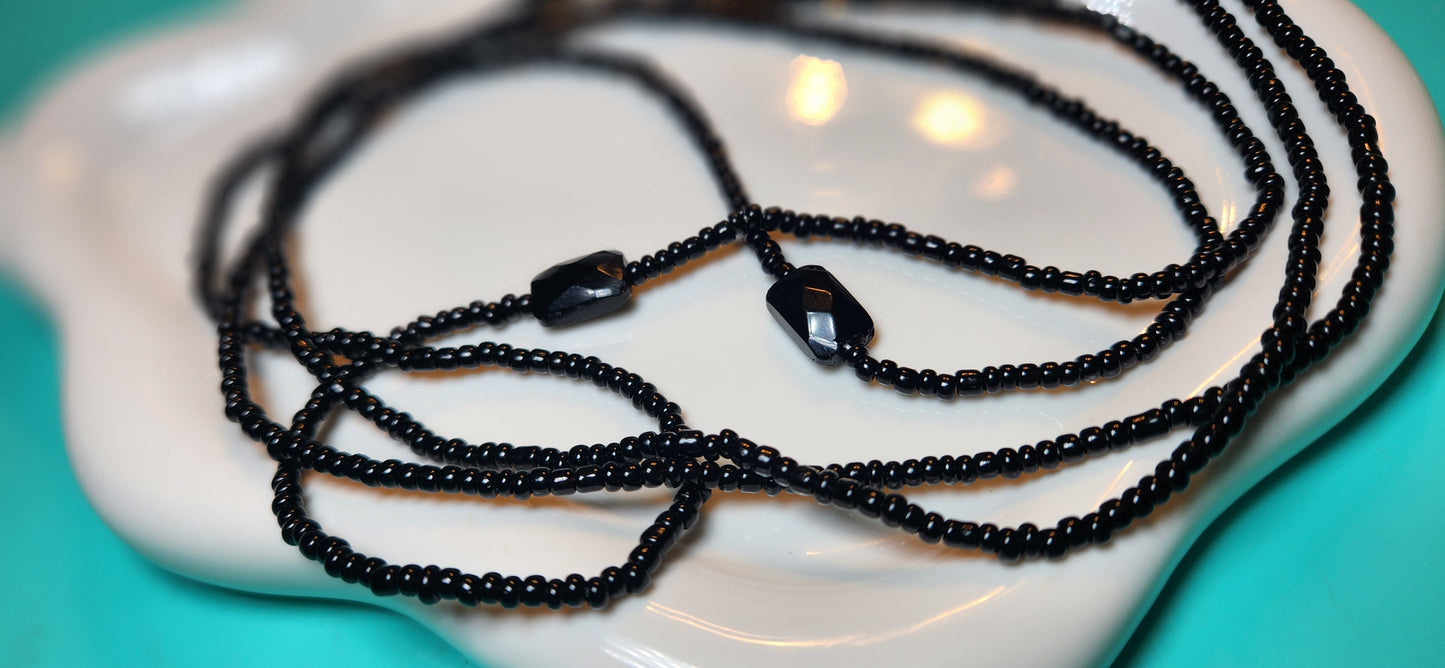 Obsidian Embrace and black waist beads made of glass breads  tie on strand