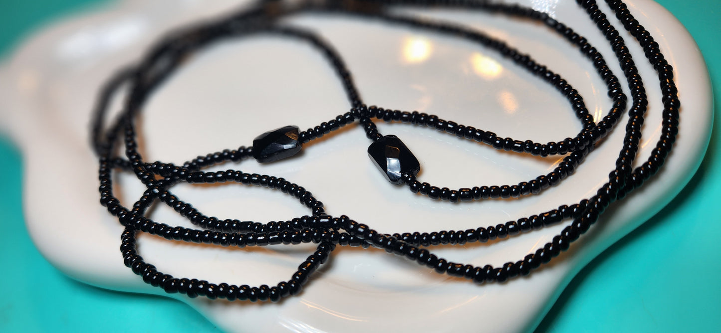 Obsidian Embrace and black waist beads made of glass breads  tie on strand