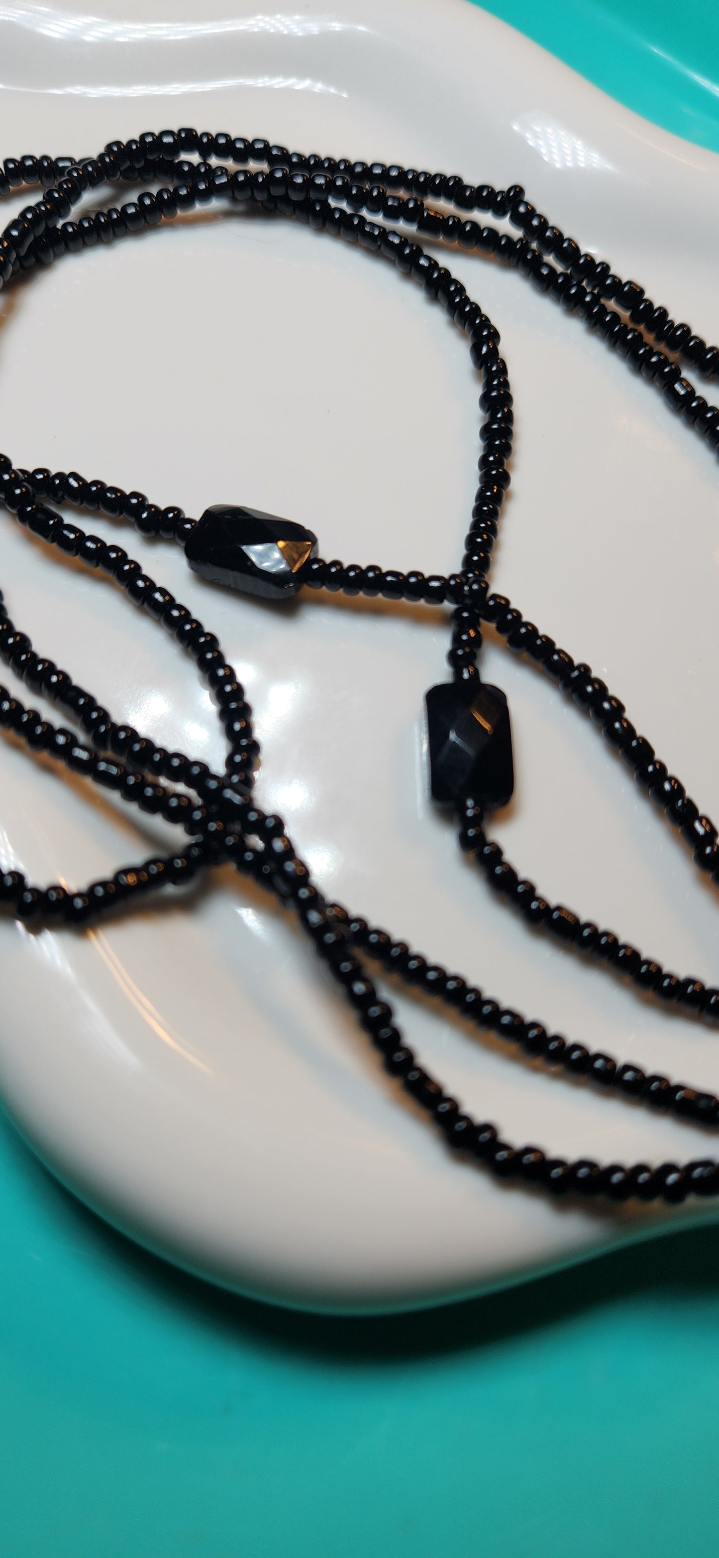 Obsidian Embrace and black waist beads made of glass breads  tie on strand