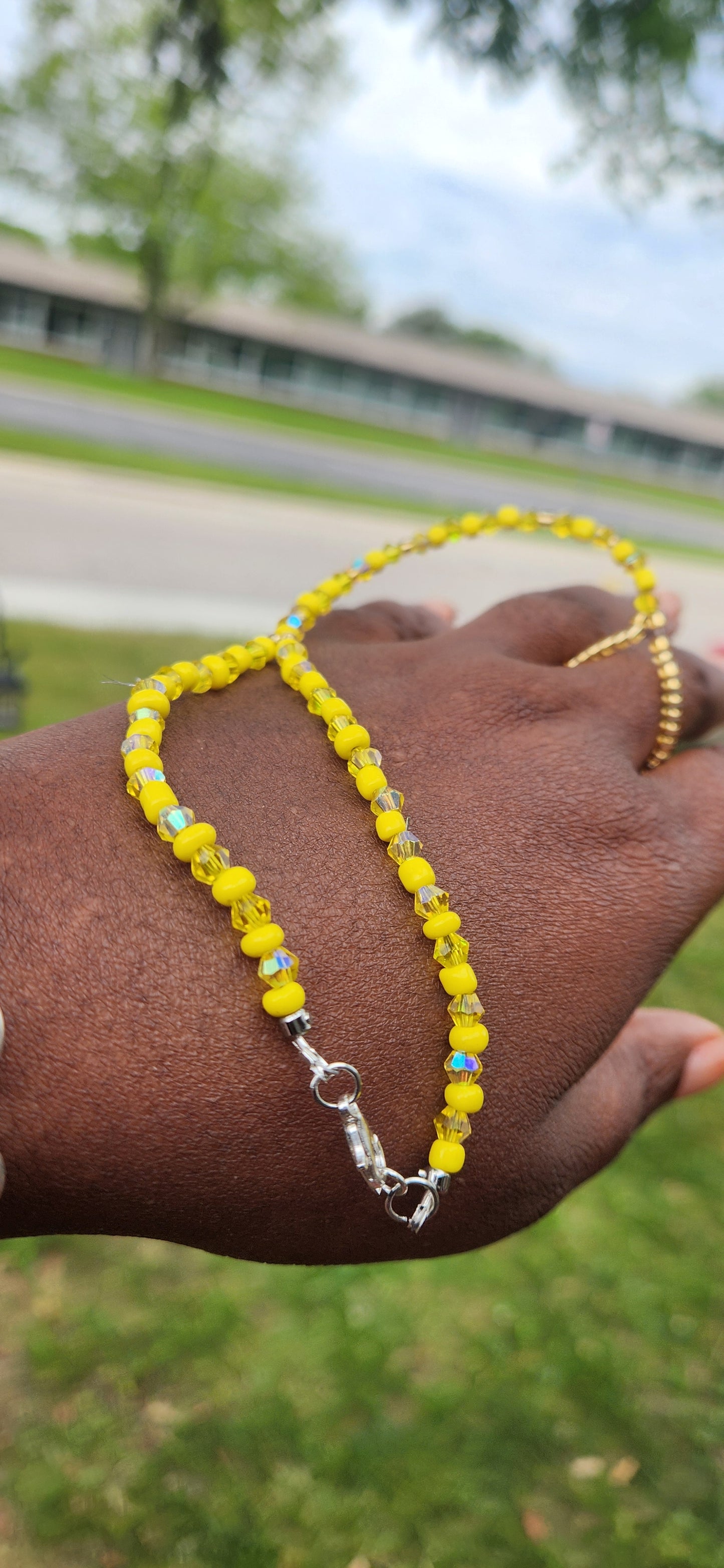 Yellow crystal beaded Custom made hand adornments jewelry