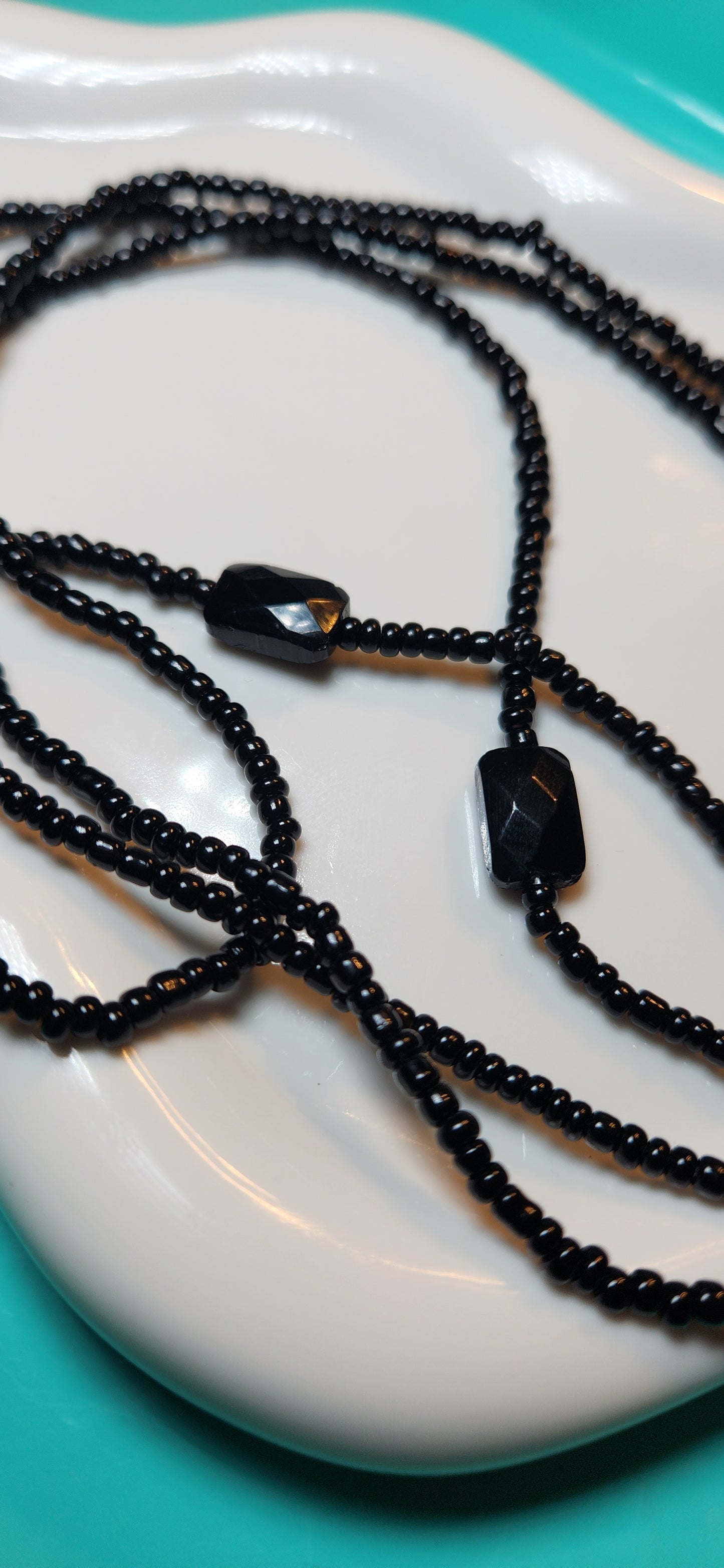 Obsidian Embrace and black waist beads made of glass breads  tie on strand